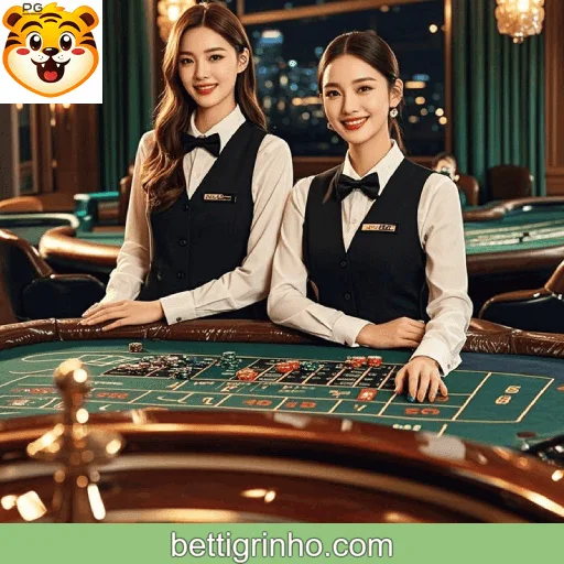 Imagem mostrando o cassino ao vivo da Tigrinho com dealers reais conduzindo jogos de mesa